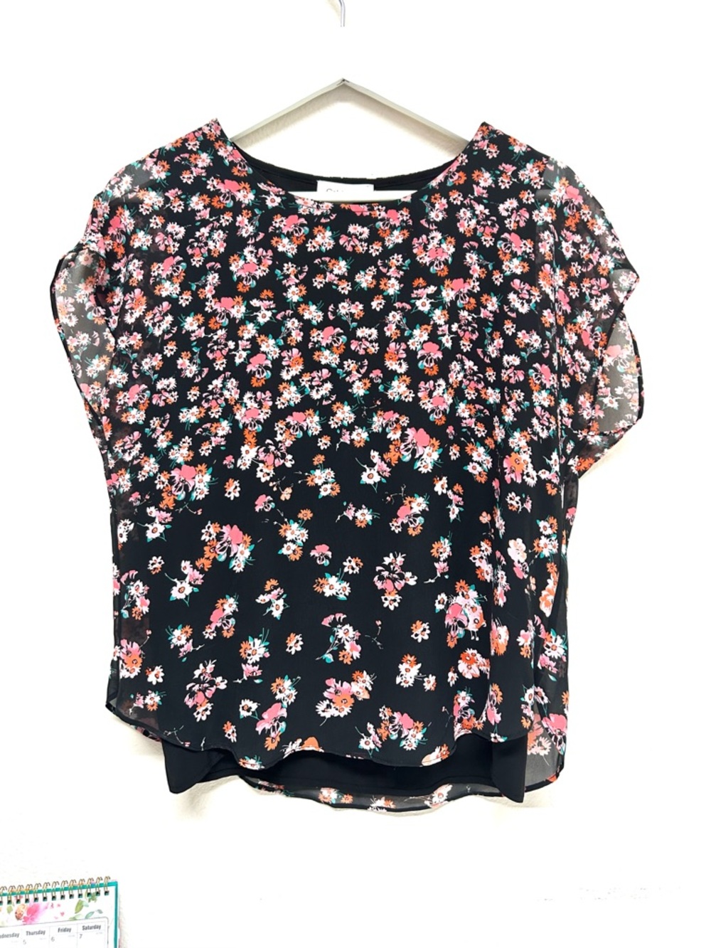 Calvin Klein Floral Flutter Sleeve Top Blouse Petite PM Office Black Multicolor